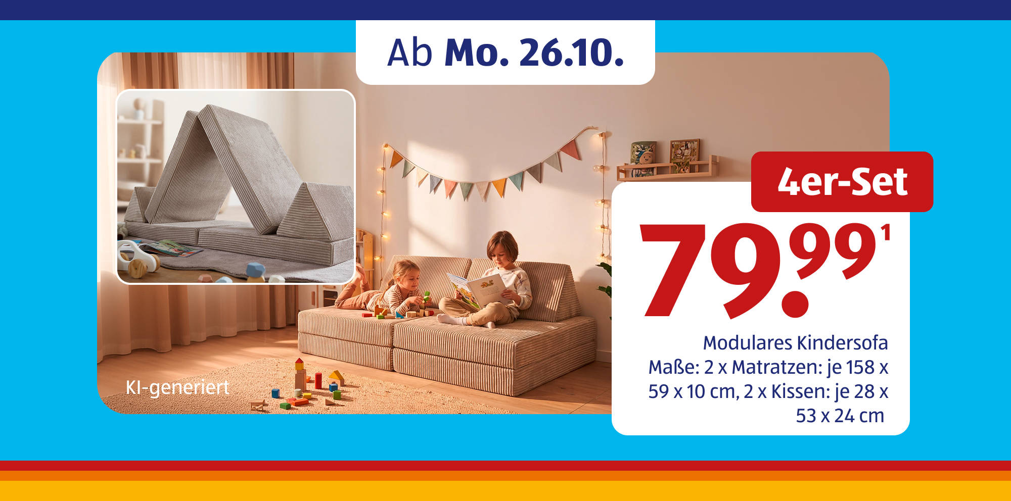 KI-generiert Modulares Kindersofa-Set mit Spielszene.