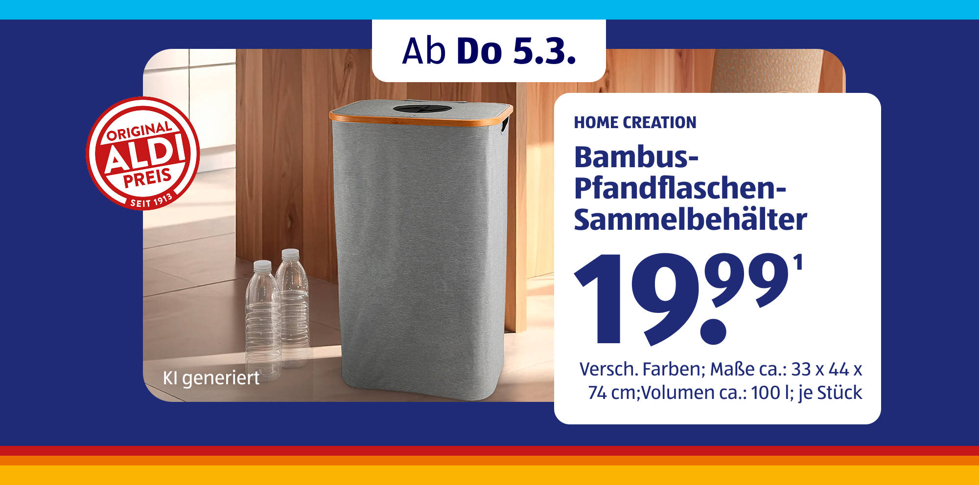 Sammelbehälter für Flaschen mit Preis‑ und Maßangaben.