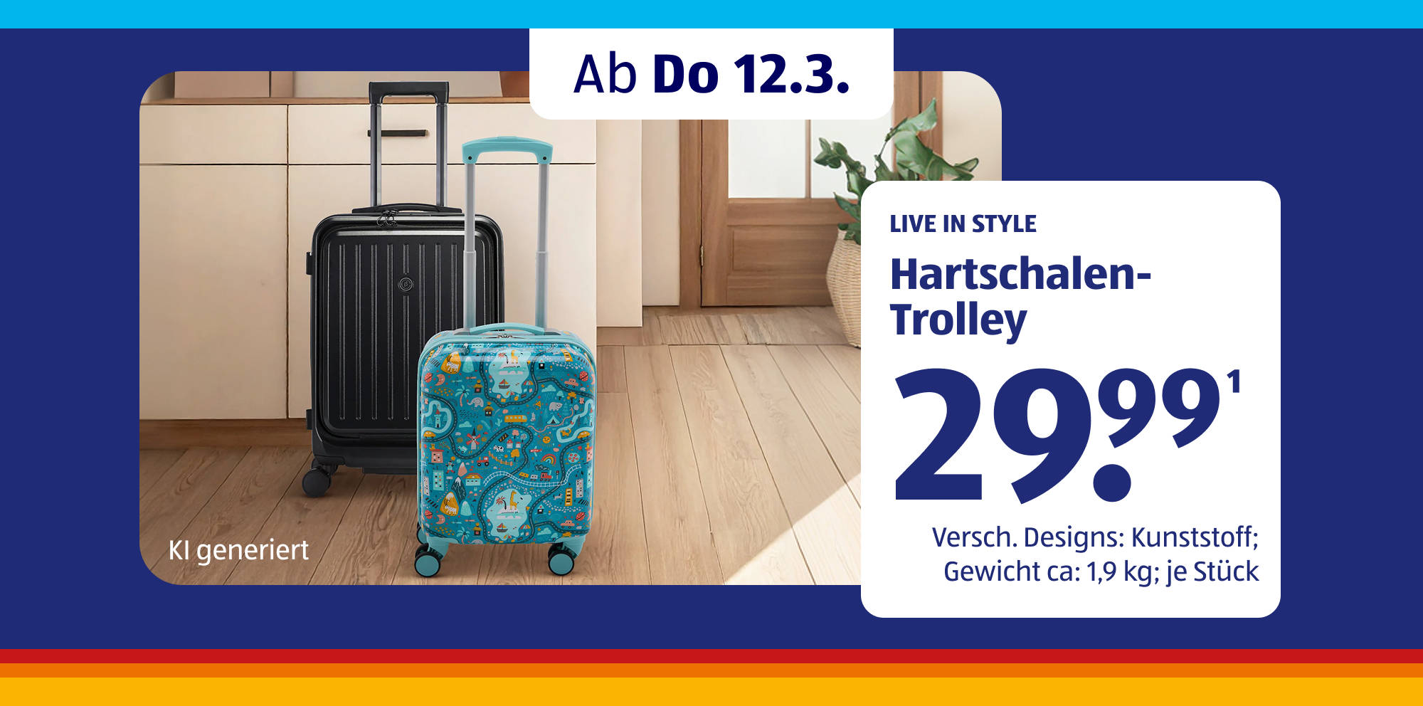 Hartschalen‑Trolleykoffer in modernem Wohnambiente.
