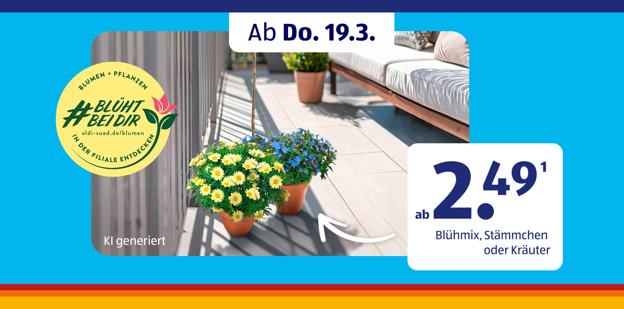 Blumenmix im Topf auf einer sonnigen Terrasse.