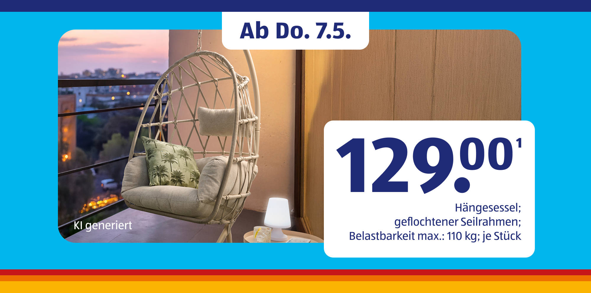 Hängesessel mit geflochtenem Rahmen auf dem Balkon.
