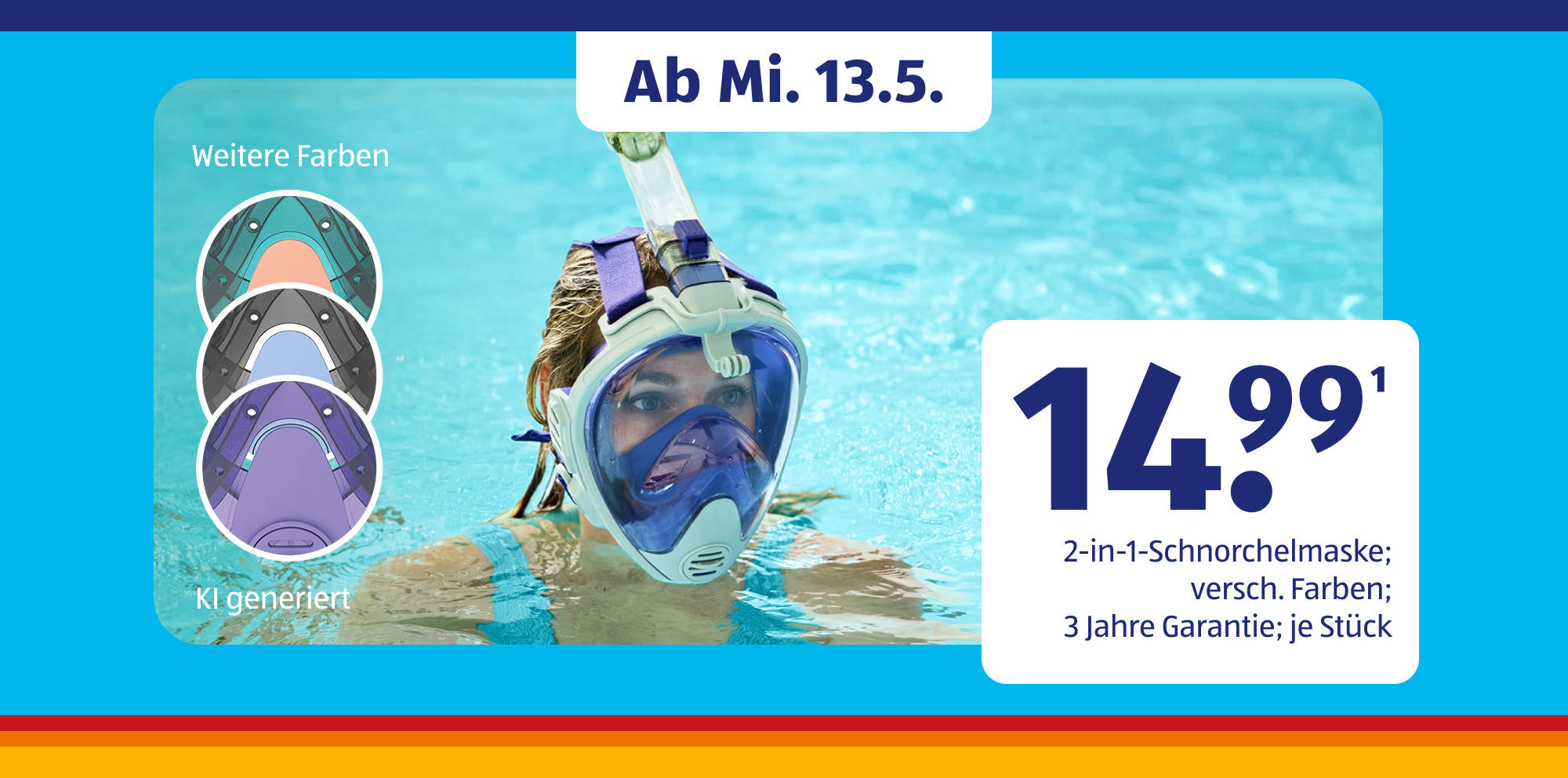 2‑in‑1‑Schnorchelmaske in bunten Farben.