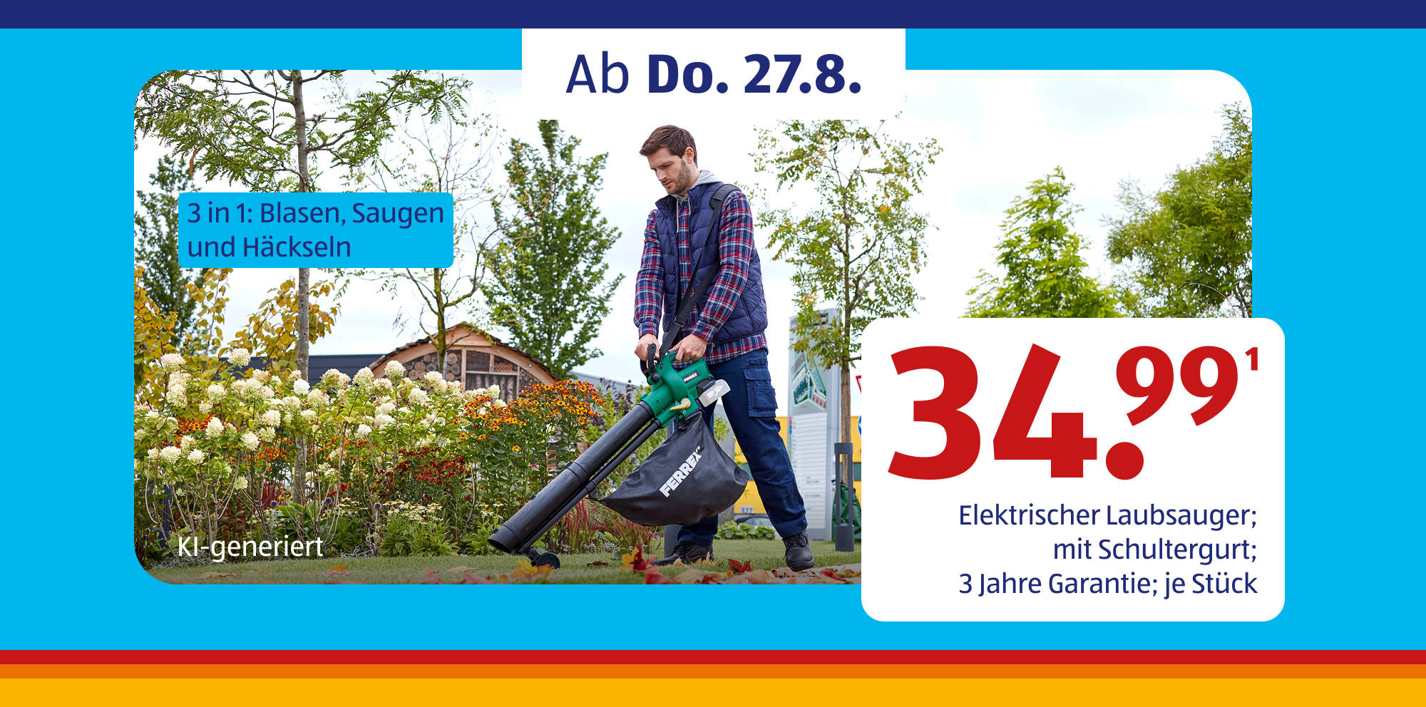 KI-generiert Mann nutzt elektrischen Laubsauger im Garten.