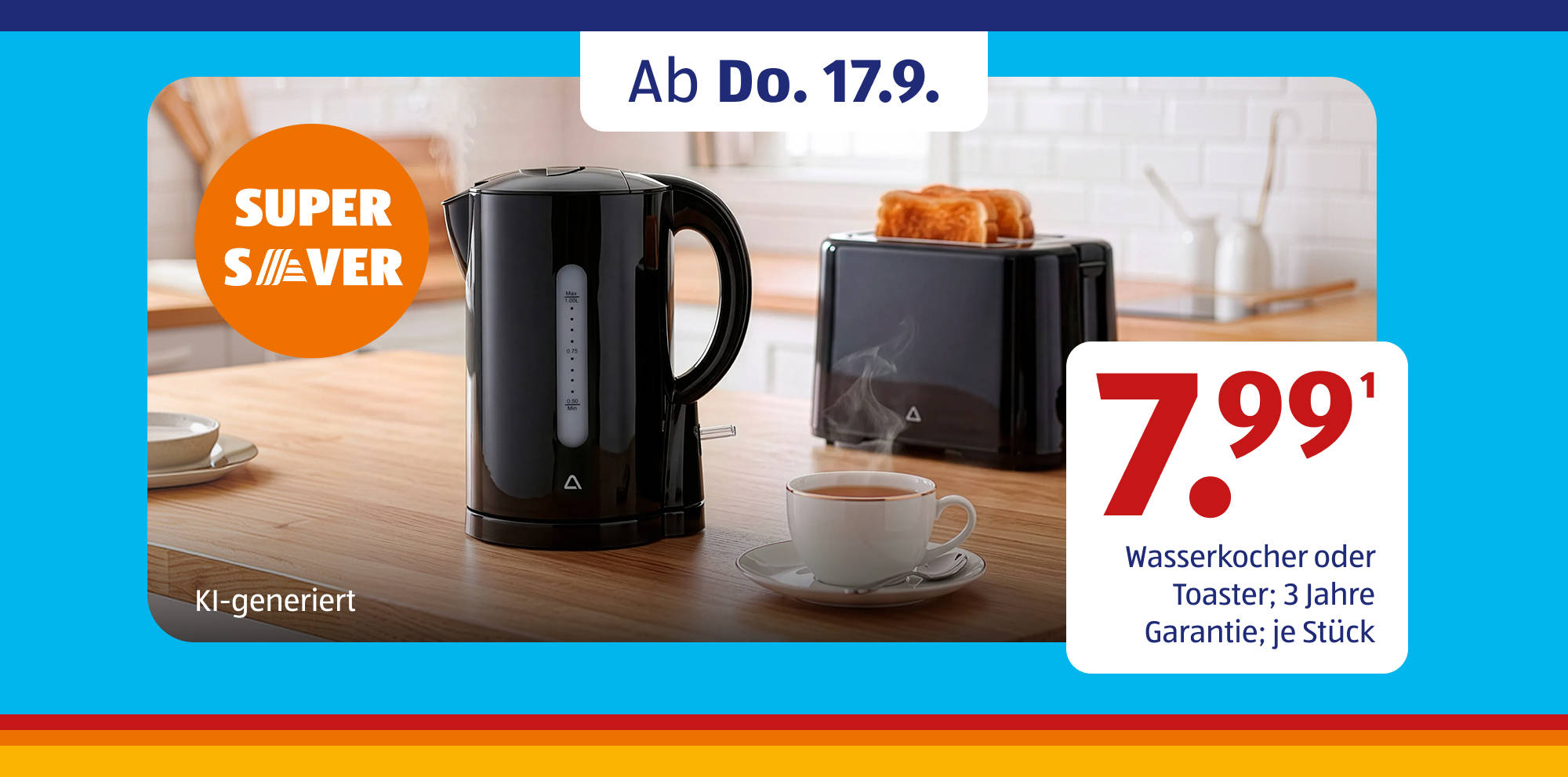 KI-generiert Elektrischer Wasserkocher und Toaster im Küchenangebot.