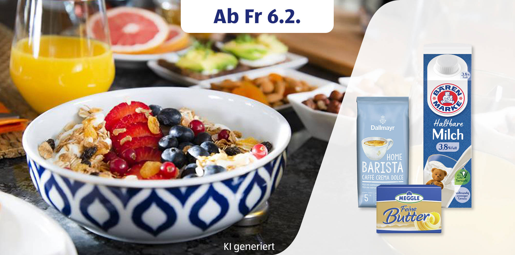 Frühstückstisch mit Müslischale und Milchprodukten.