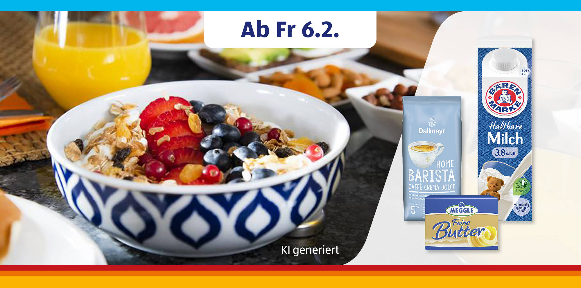 Frühstückstisch mit Müslischale und Milchprodukten.