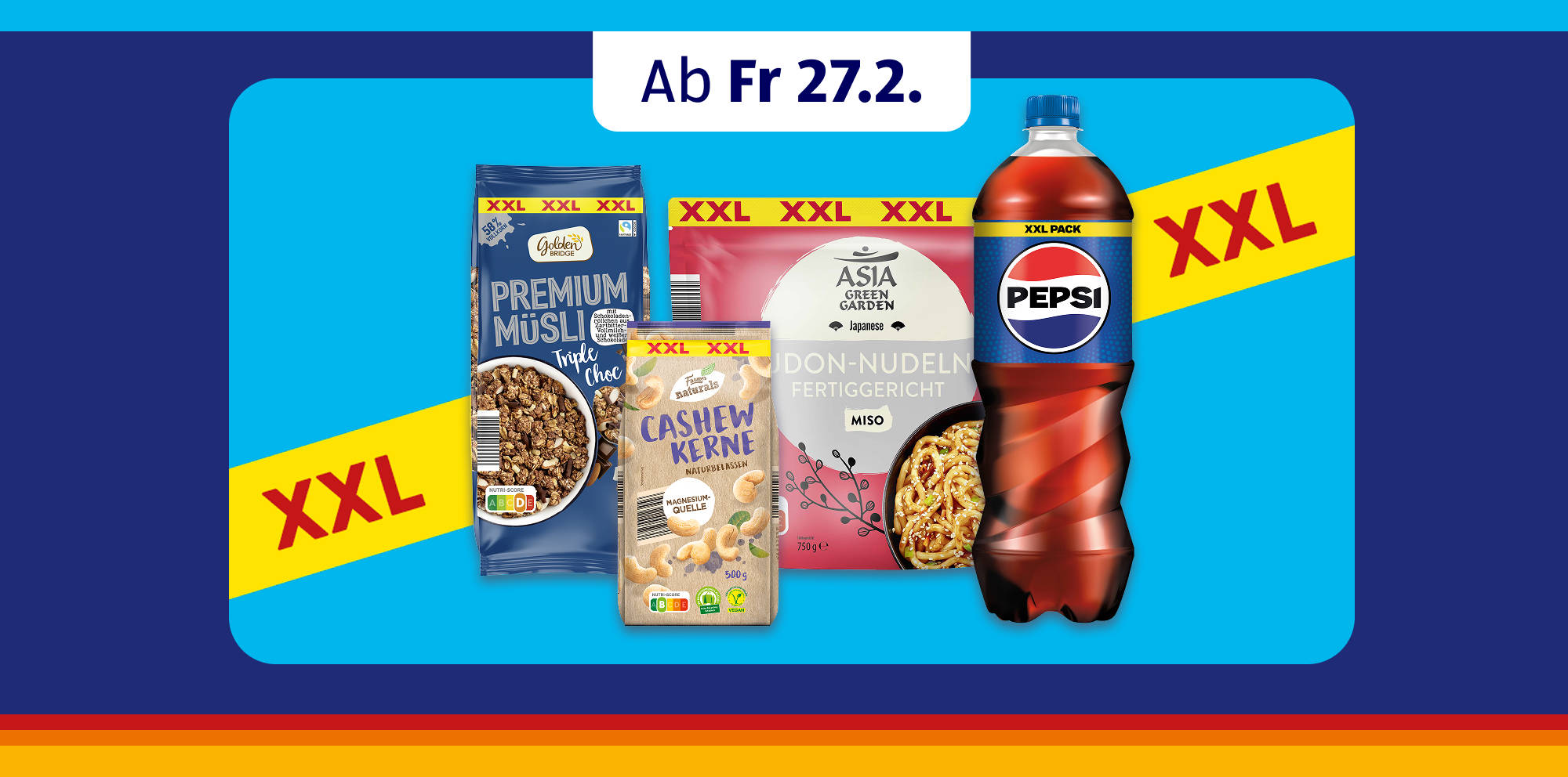 XXL-Lebensmittel wie Pepsi, Müsli und Cashew-Kerne.