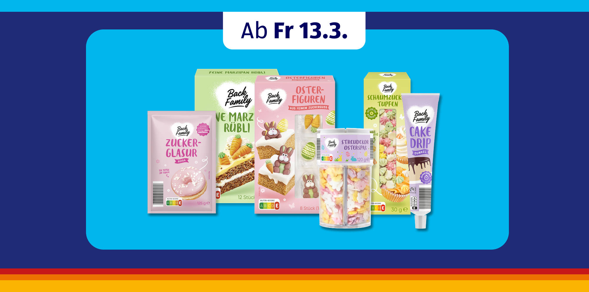 BACK FAMILY Backwaren‑Sortiment mit farbenfroher Verpackung.