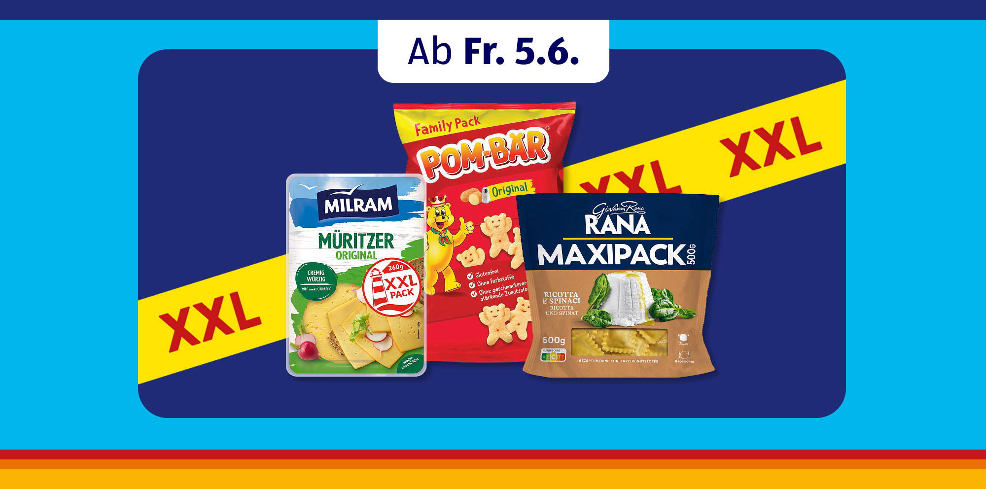 XXL-Packungen von Snacks und Pasta.