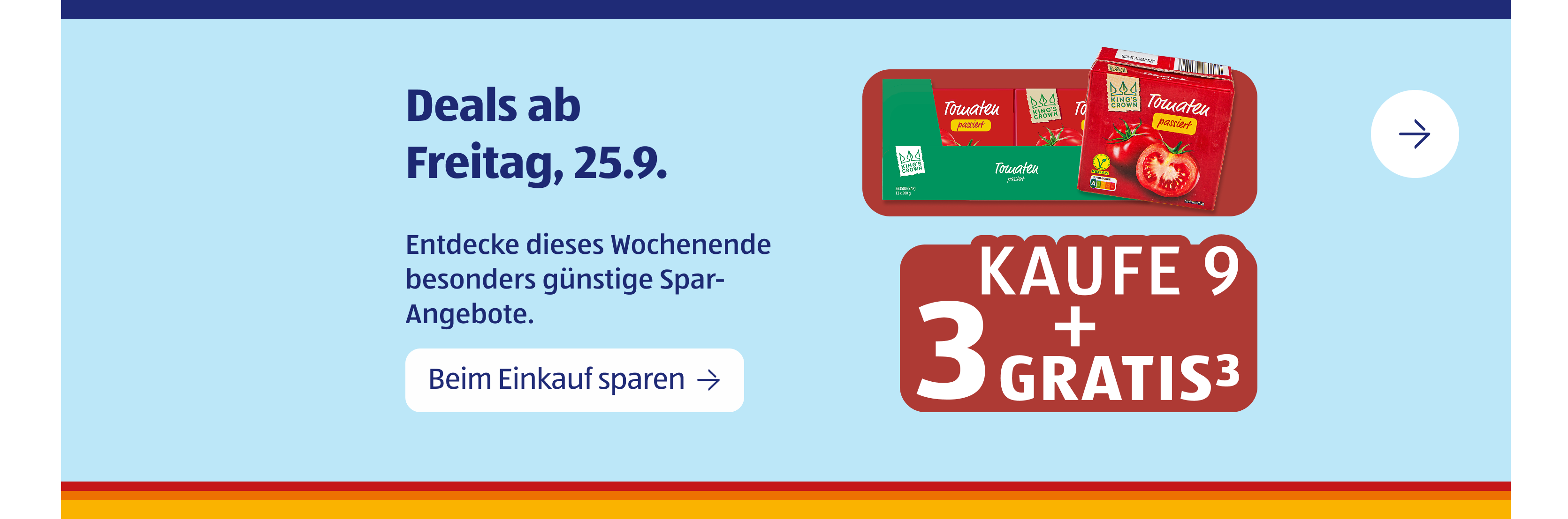 Werbebanner für Lebensmittelangebot: Kaufe 3, erhalte 3 gratis.
