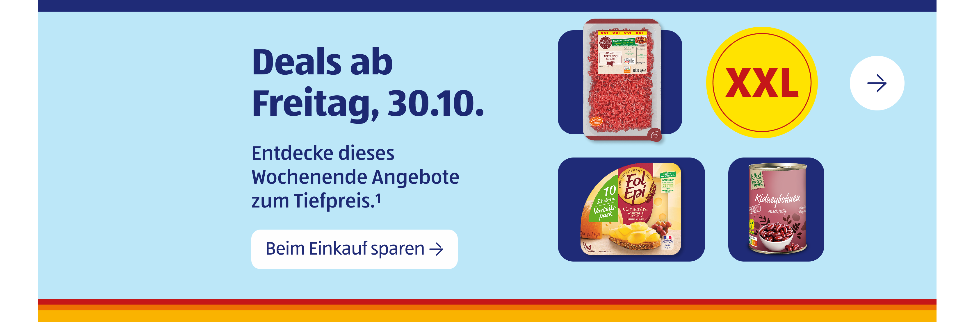 Verschiedene Lebensmittel und Aktionsprodukte vor hellblauem Hintergrund.