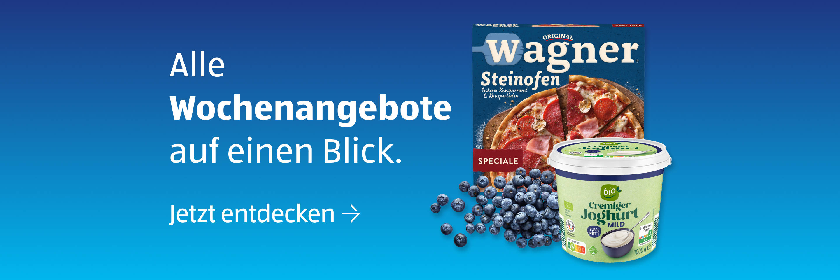 Präsentation von Pizza und Joghurt mit Blaubeeren.