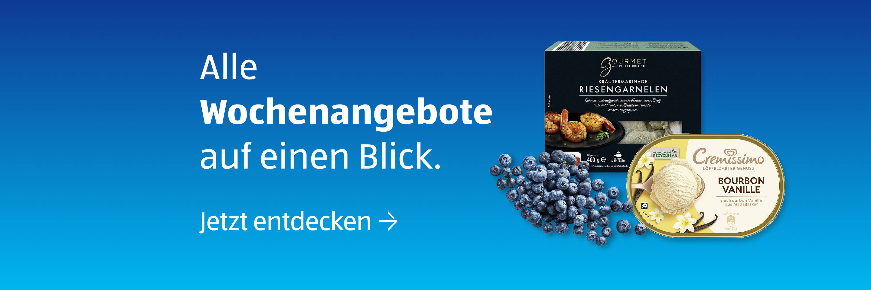 Wöchentliche Angebotsanzeige mit Lebensmitteln und Blaubeeren.
