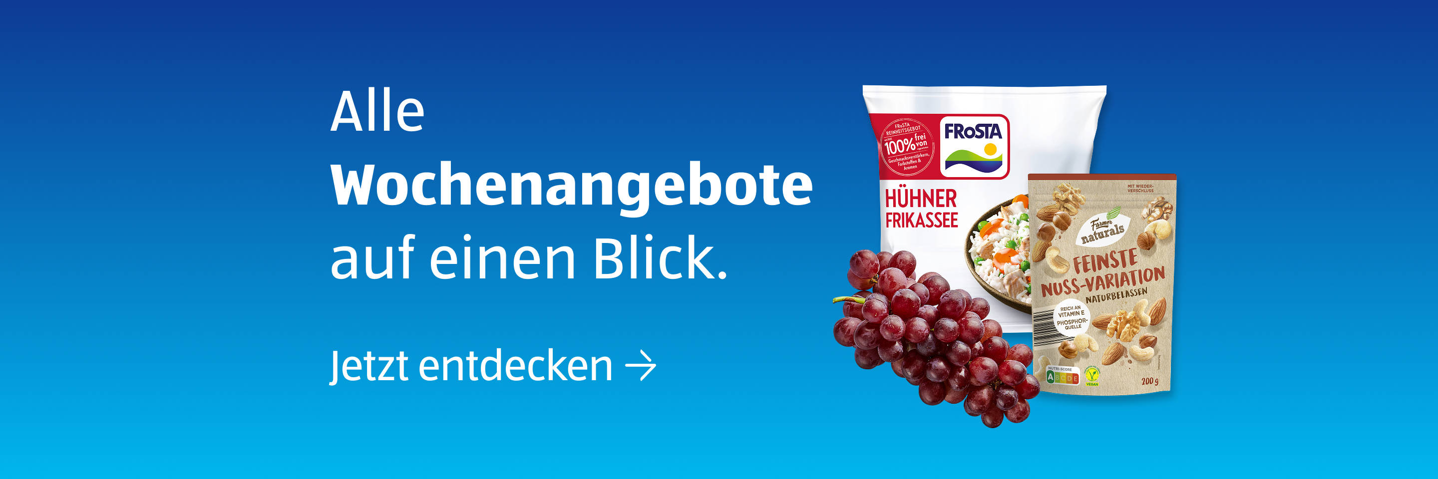 Wöchentliche Angebotsanzeige mit Lebensmitteln und Trauben.