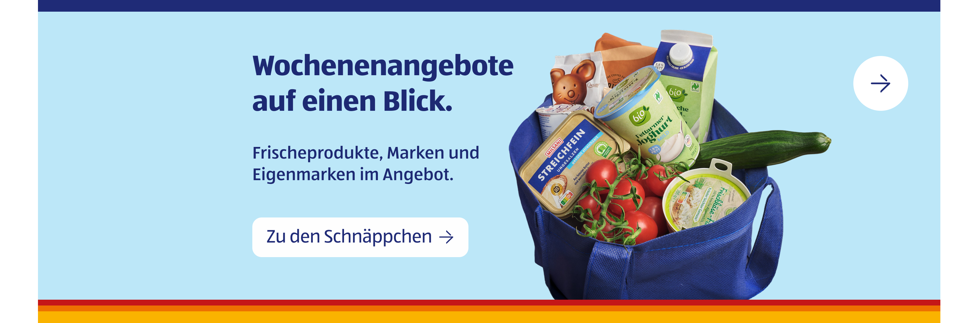 Einkaufstasche mit frischen Lebensmitteln. Wochenangebote auf einen Blick.