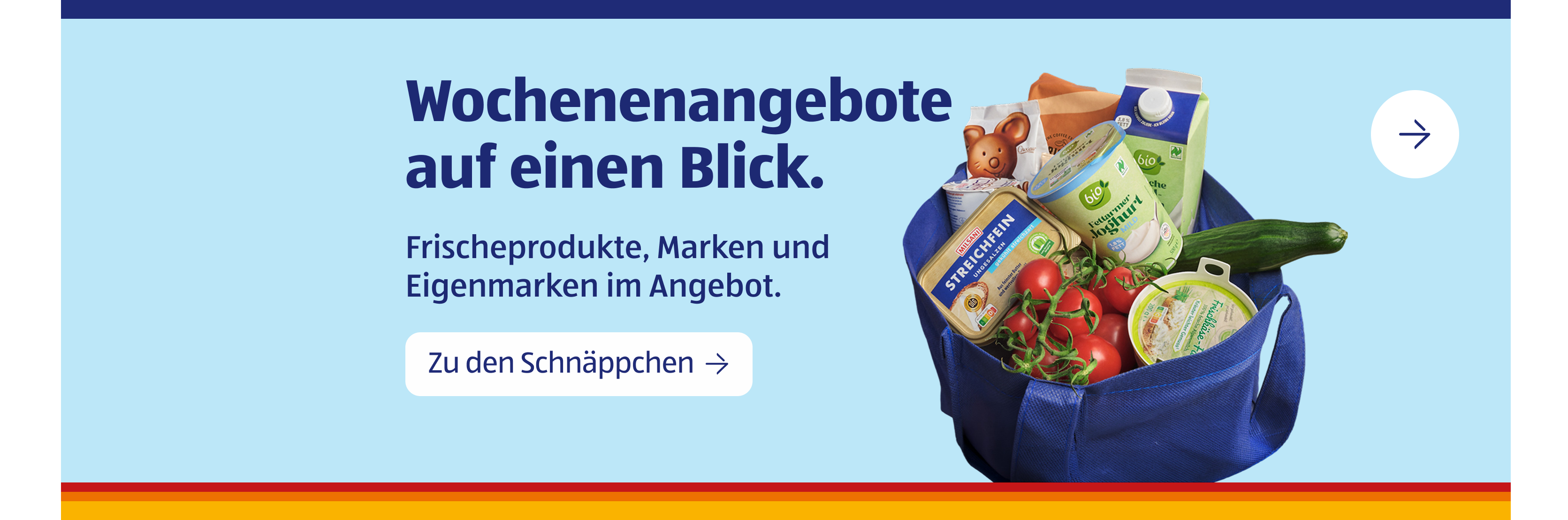 Einkaufstasche mit frischen Lebensmitteln. Wochenangebote auf einen Blick.