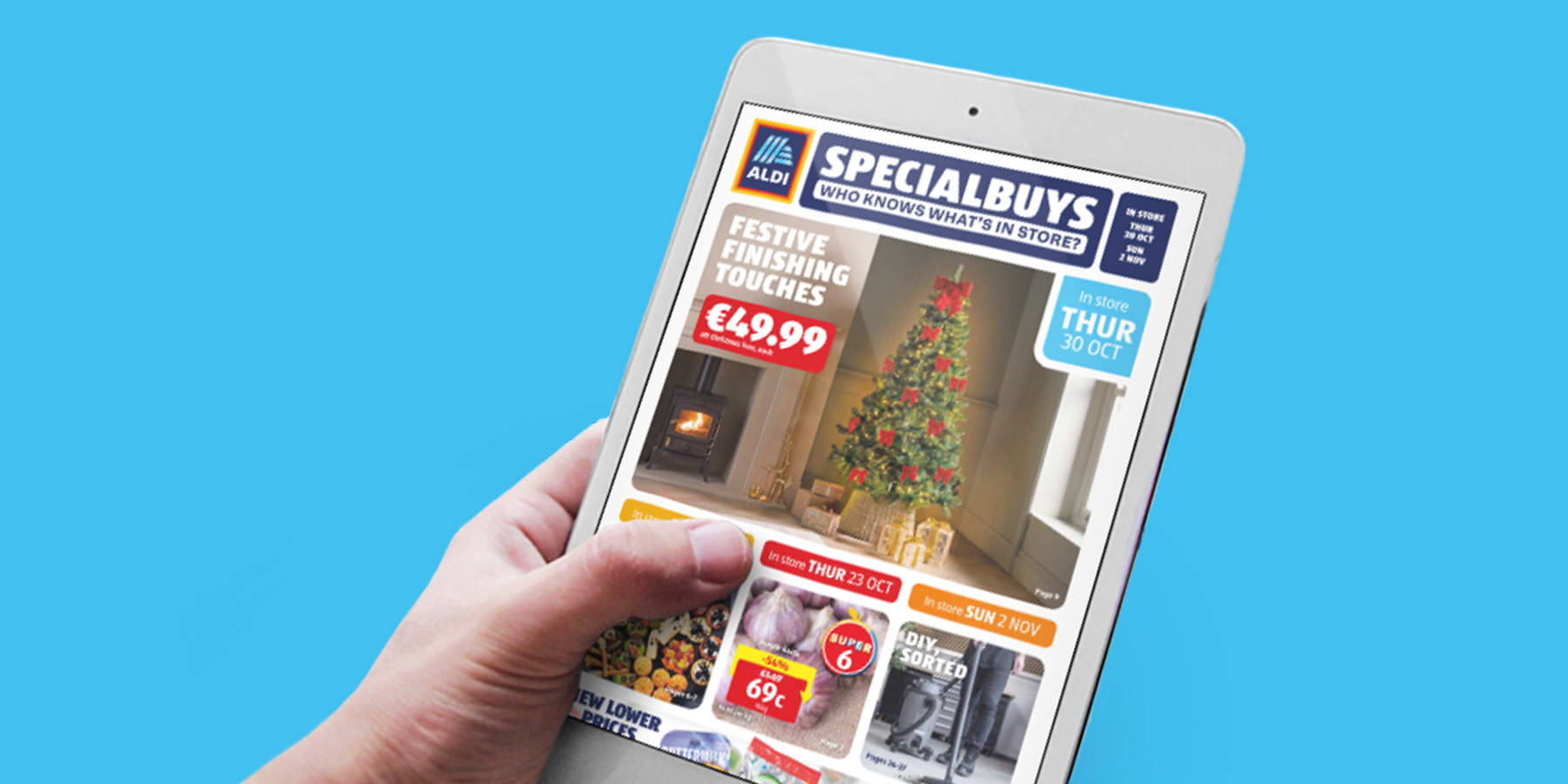 Colorful advertisement showcasing a selection of food products with price reductions, promoting Aldi's online leaflet.