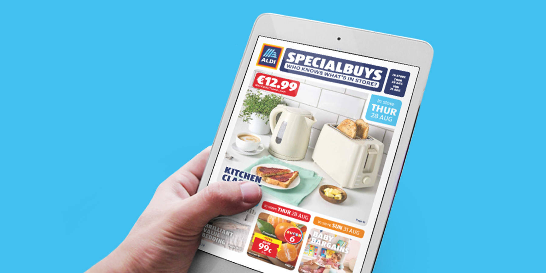 Colorful advertisement showcasing a selection of food products with price reductions, promoting Aldi's online leaflet.