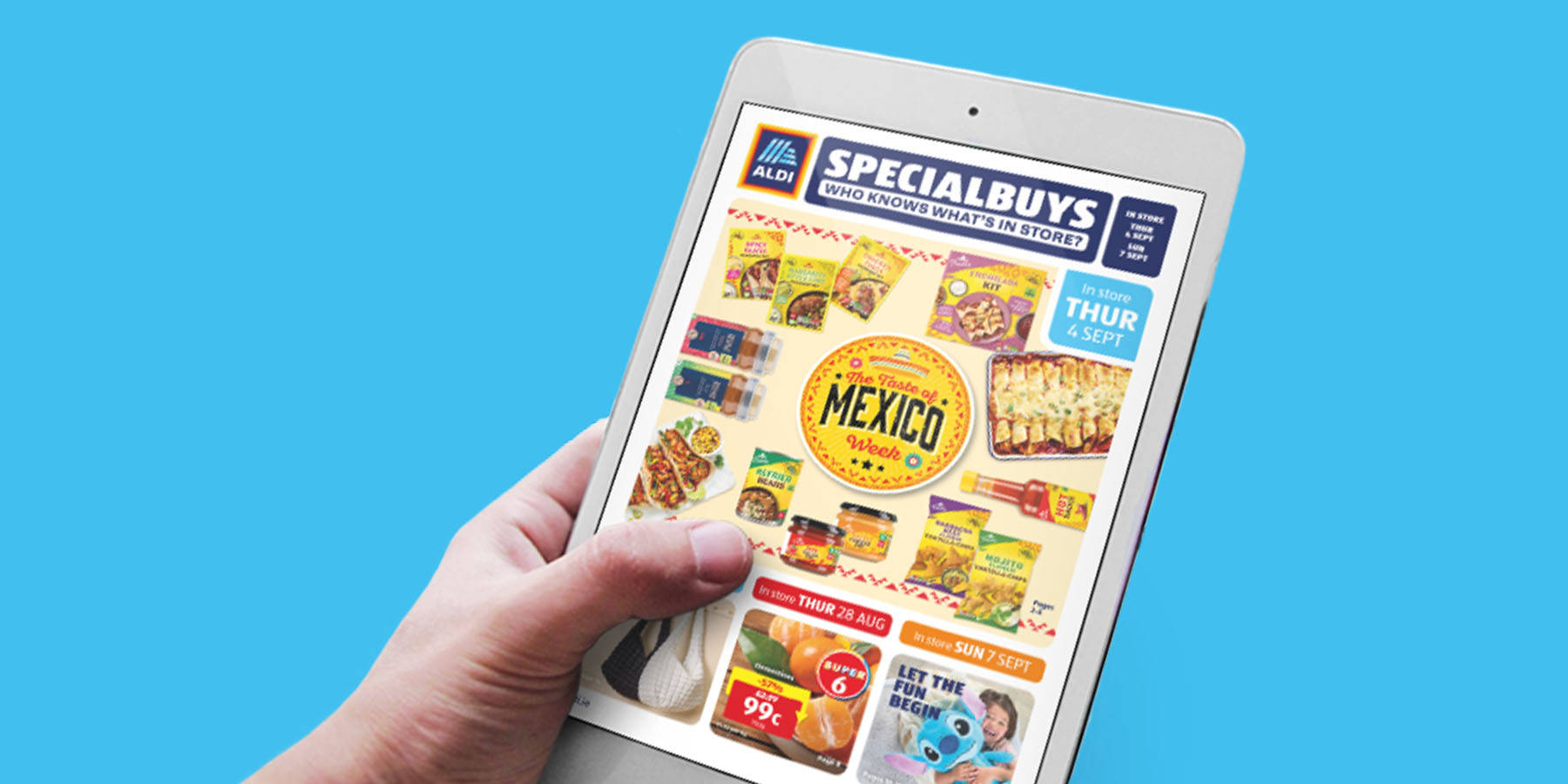 Colorful advertisement showcasing a selection of food products with price reductions, promoting Aldi's online leaflet.