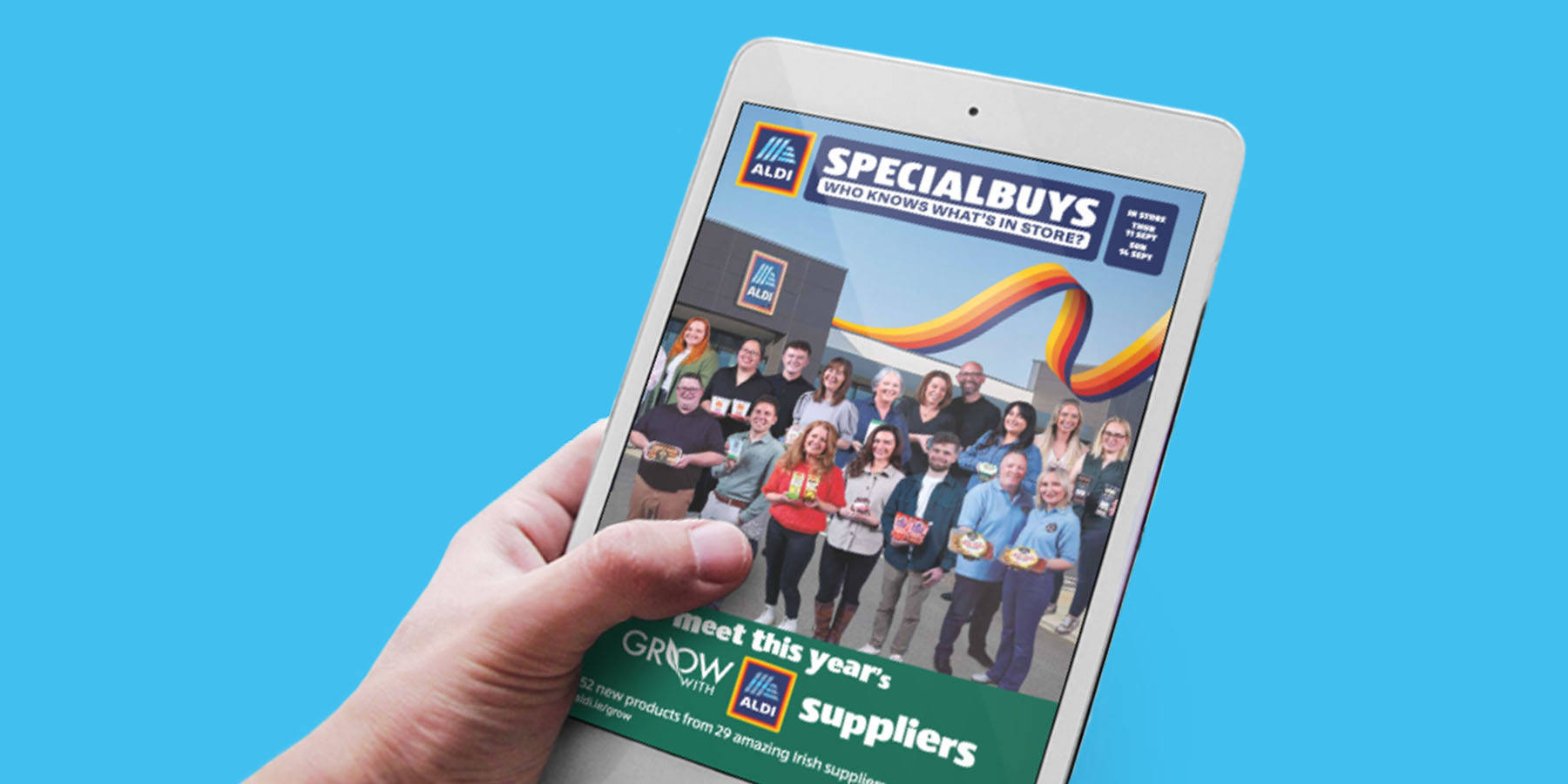 Colorful advertisement showcasing a selection of food products with price reductions, promoting Aldi's online leaflet.