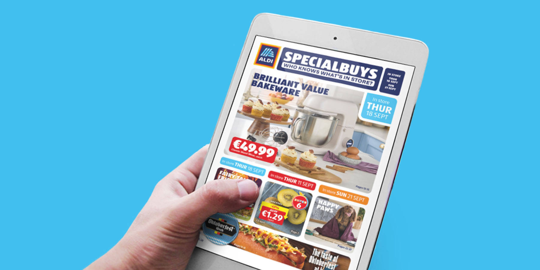 Colorful advertisement showcasing a selection of food products with price reductions, promoting Aldi's online leaflet.