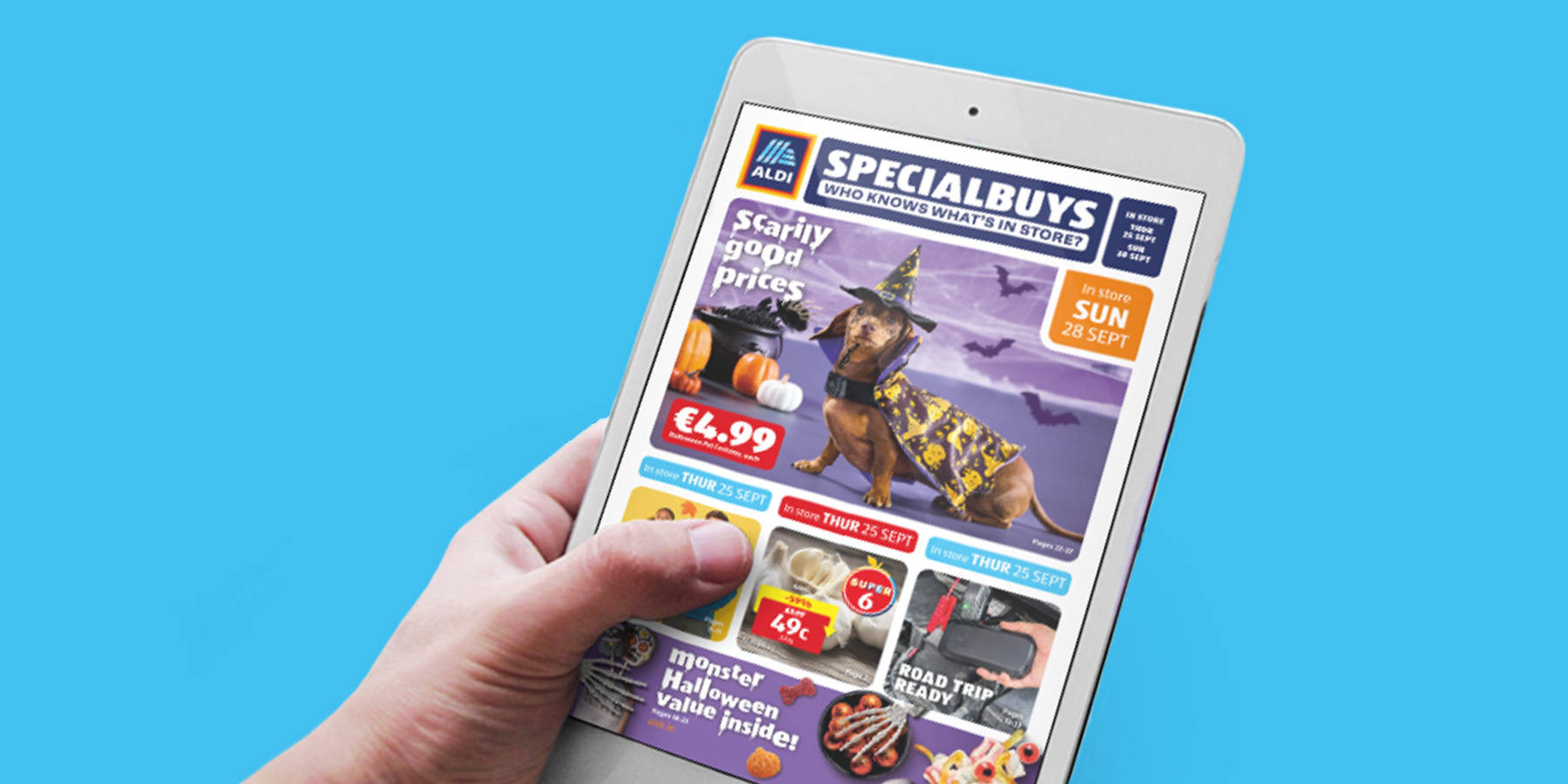 Colorful advertisement showcasing a selection of food products with price reductions, promoting Aldi's online leaflet.