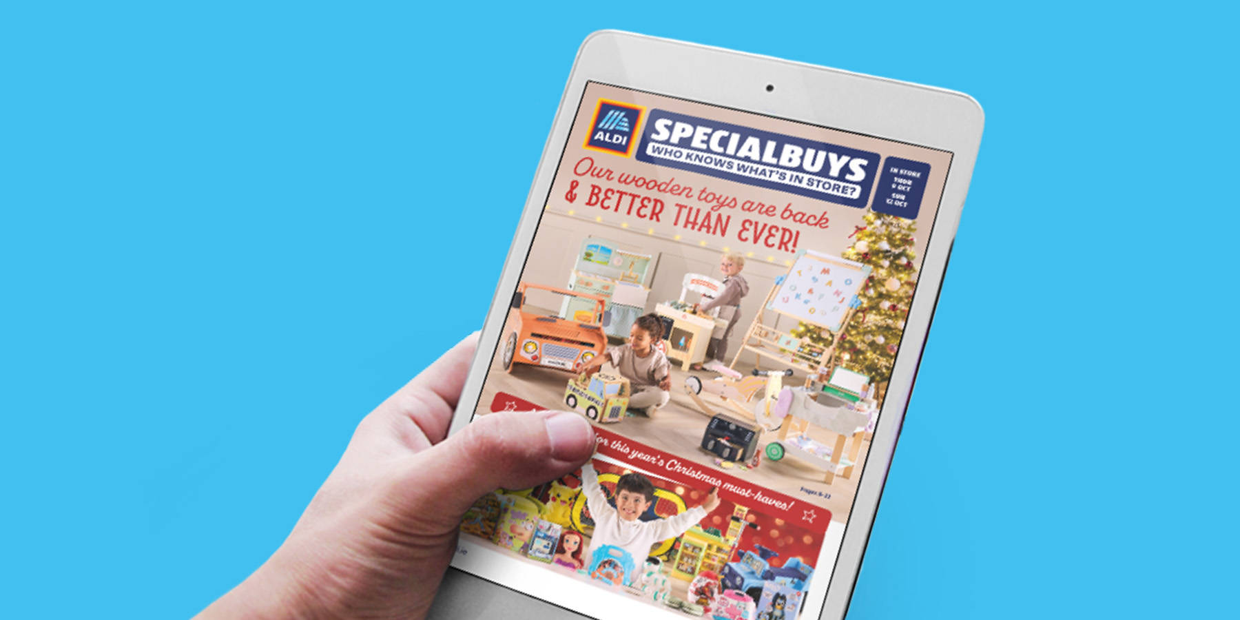 Colorful advertisement showcasing a selection of food products with price reductions, promoting Aldi's online leaflet.