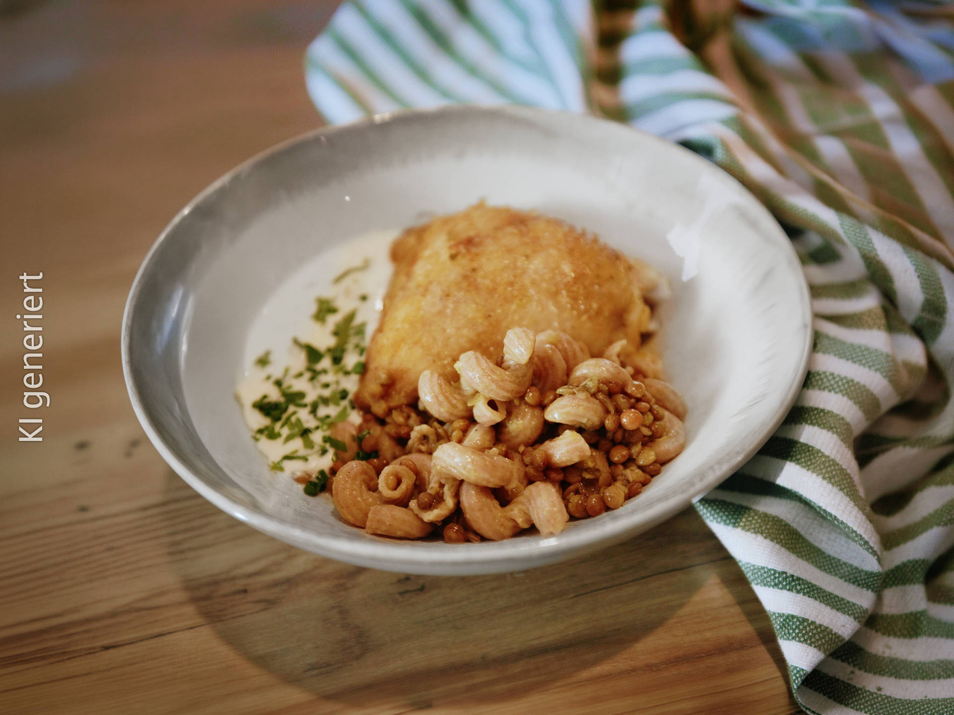 Serviervorschlag: Berglinsen-Bowl mit Dinkelnudeln und Hähnchen