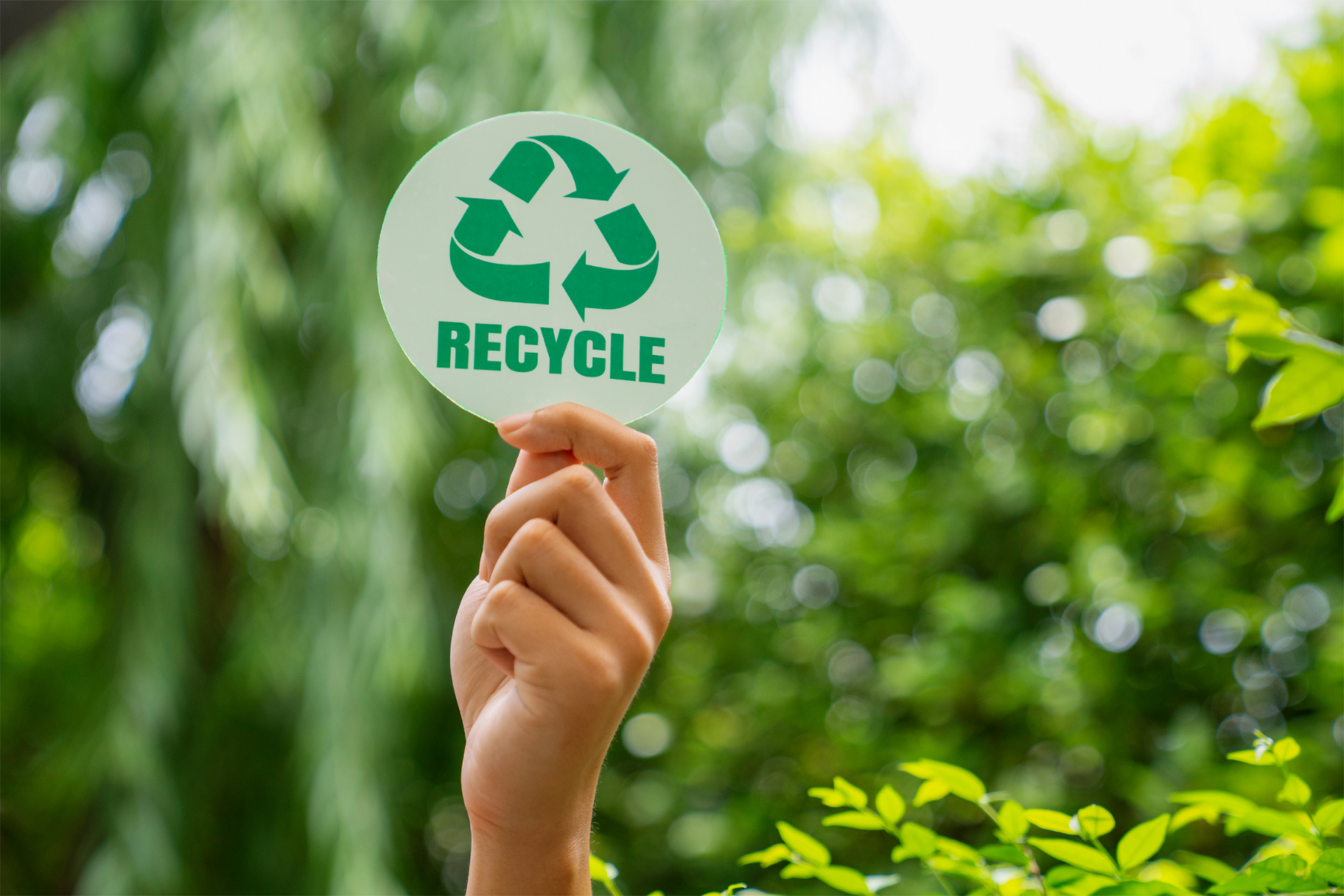 Eine Hand hält ein Schild mit der Aufschrift RECYCLE in die Höhe.