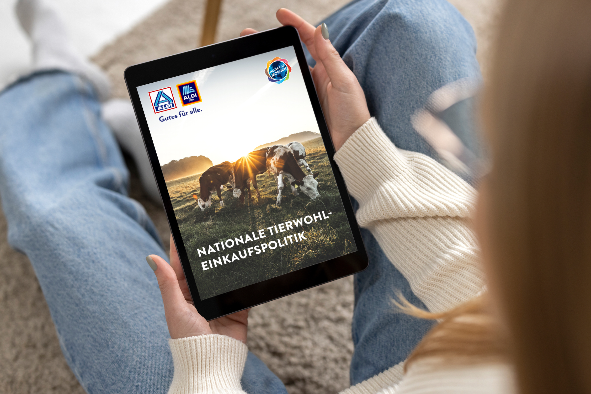 Eine Person ließt den ALDI Leitfaden zur Tierwohl Einkaufspolitik.