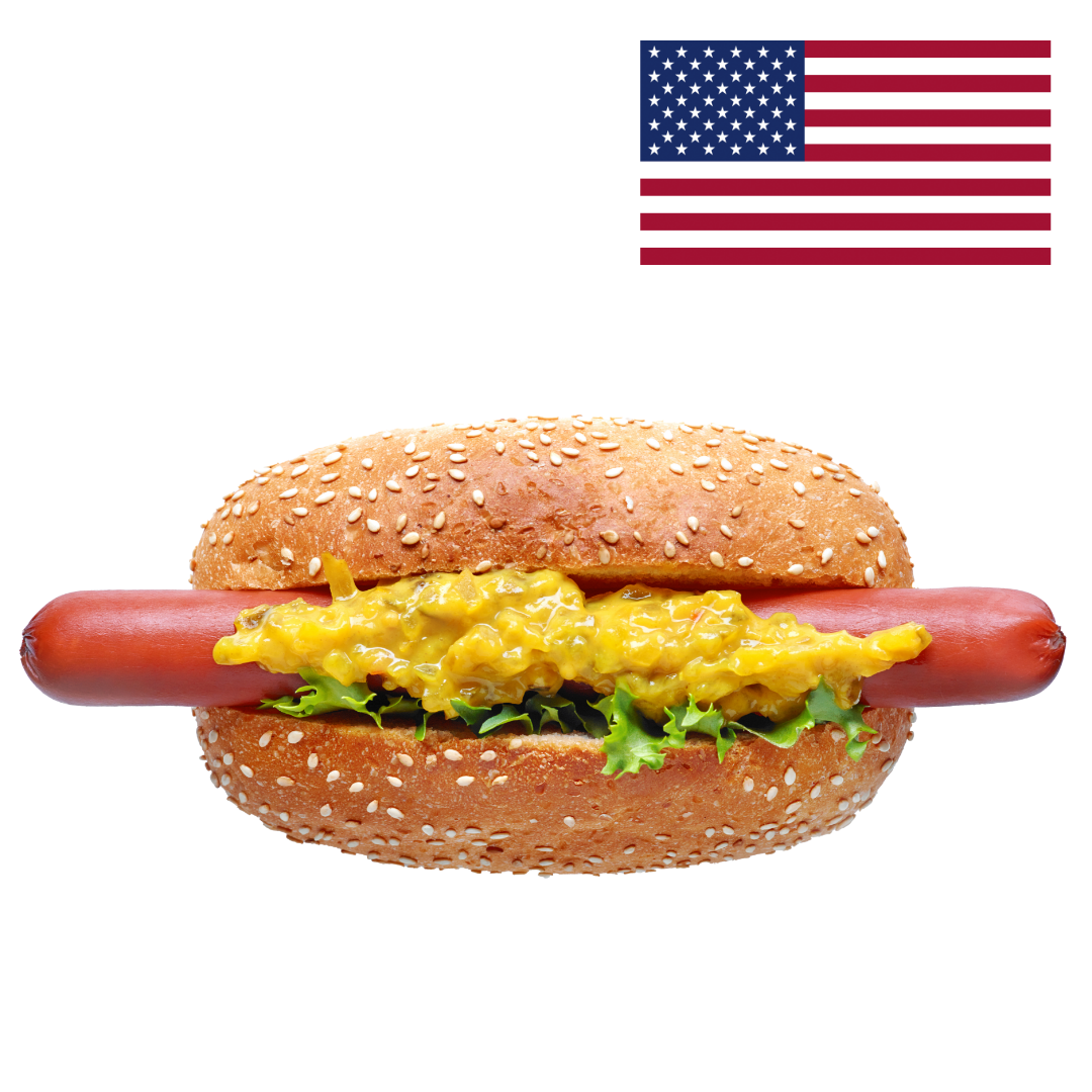 Hotdog und im Hintergrund ist die amerkanische Flagge platziert.
