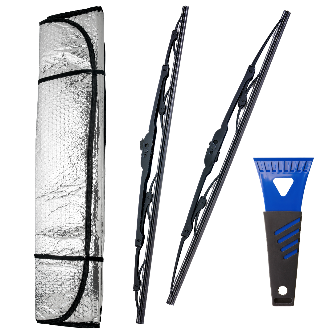 Collage verschiedener Autozubehör‑Artikel: eine Frontscheibenabdeckung, Scheibenwischer und ein Eiskratzer.