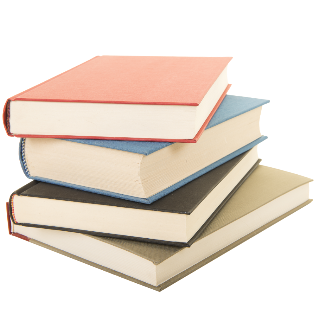 Bücherstapel mit vier Büchern die übereinander liegen.