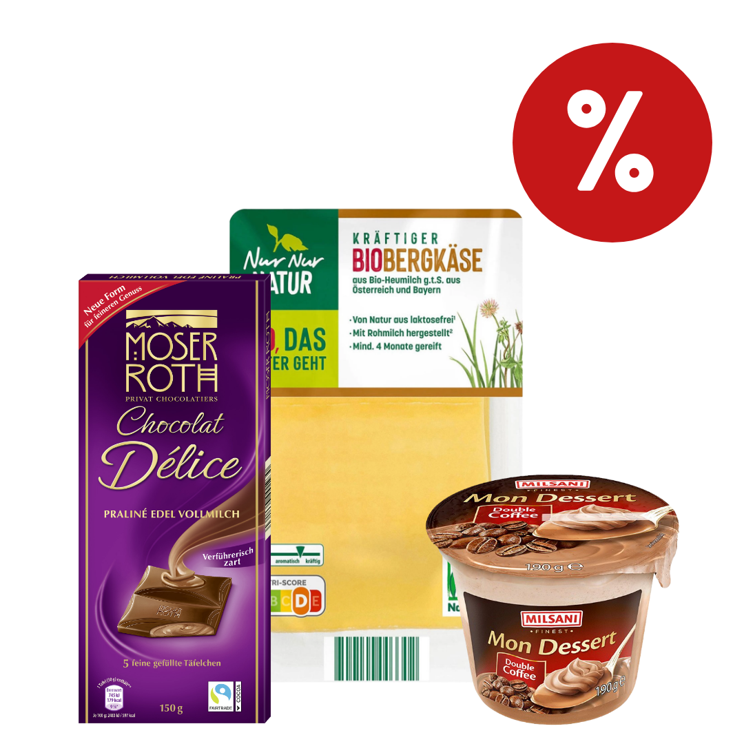 Collage von drei ALDI SÜD Eigenmarken Produkten mit Prozentzeichen.