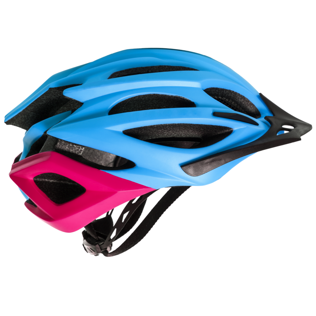 Blau pinker Fahrradhelm.