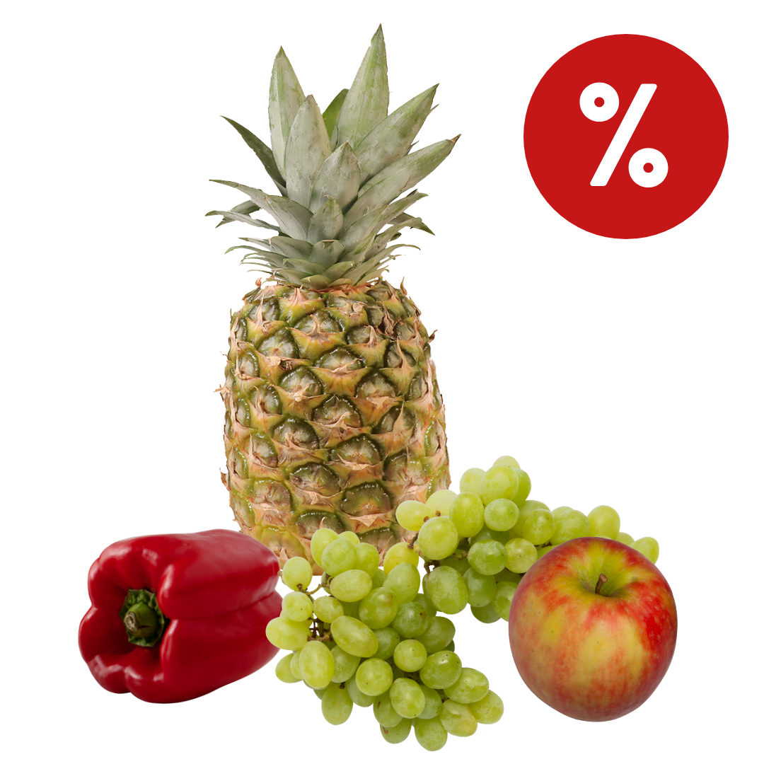 Collage einer Ananas, Trauben, einem Apfel und einer Paprika mit einem Prozent Zeichen.