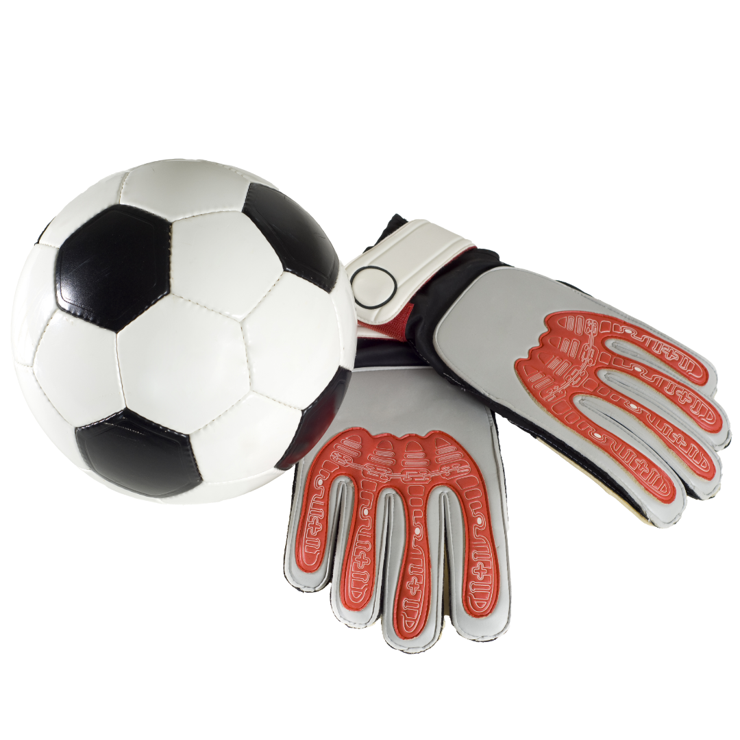 Schwarz weißer Fussball und daneben liegen Torwart Handschuhe.