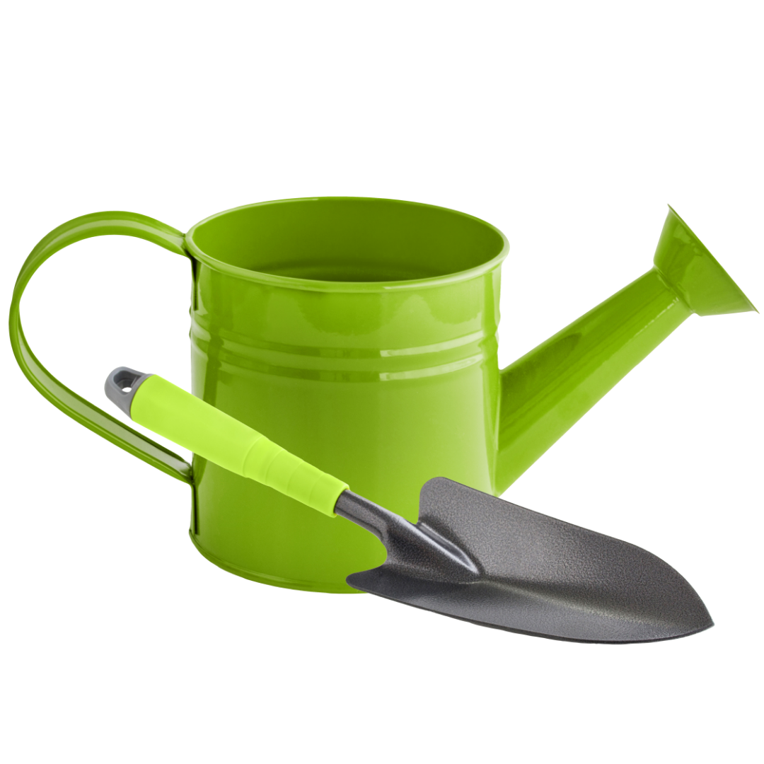 Collage einer grünen Gieskanne mit passender Schaufel.