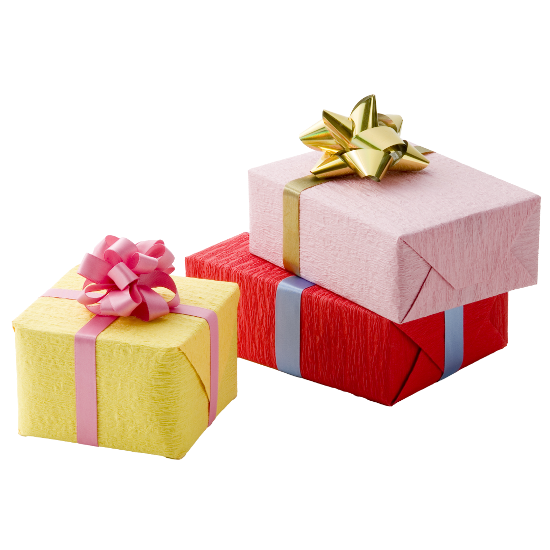 Drei mit Geschenkpapier und Schleife verpackte Geschenke.