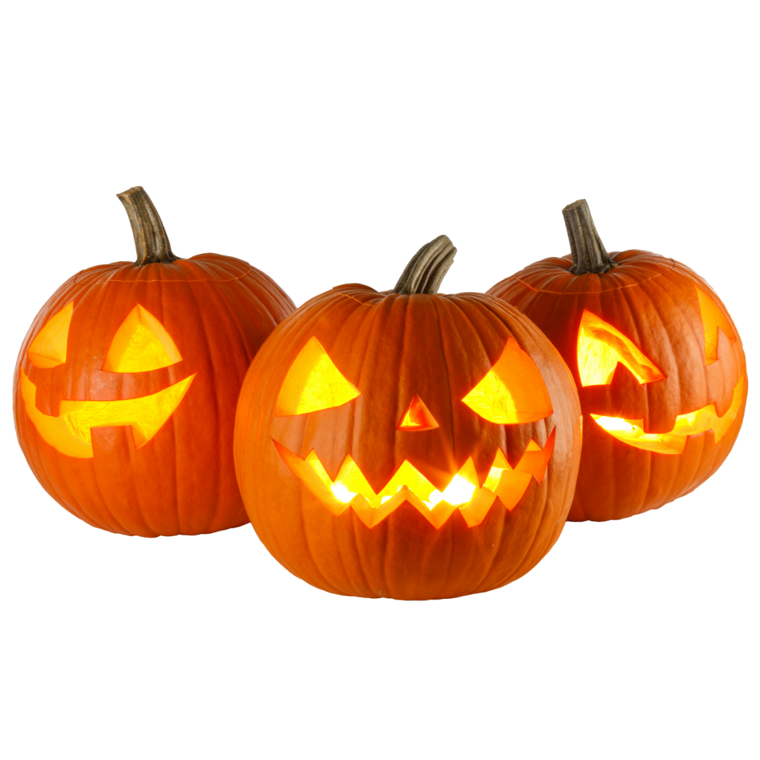 Drei Jack‑o’-Lanterns.