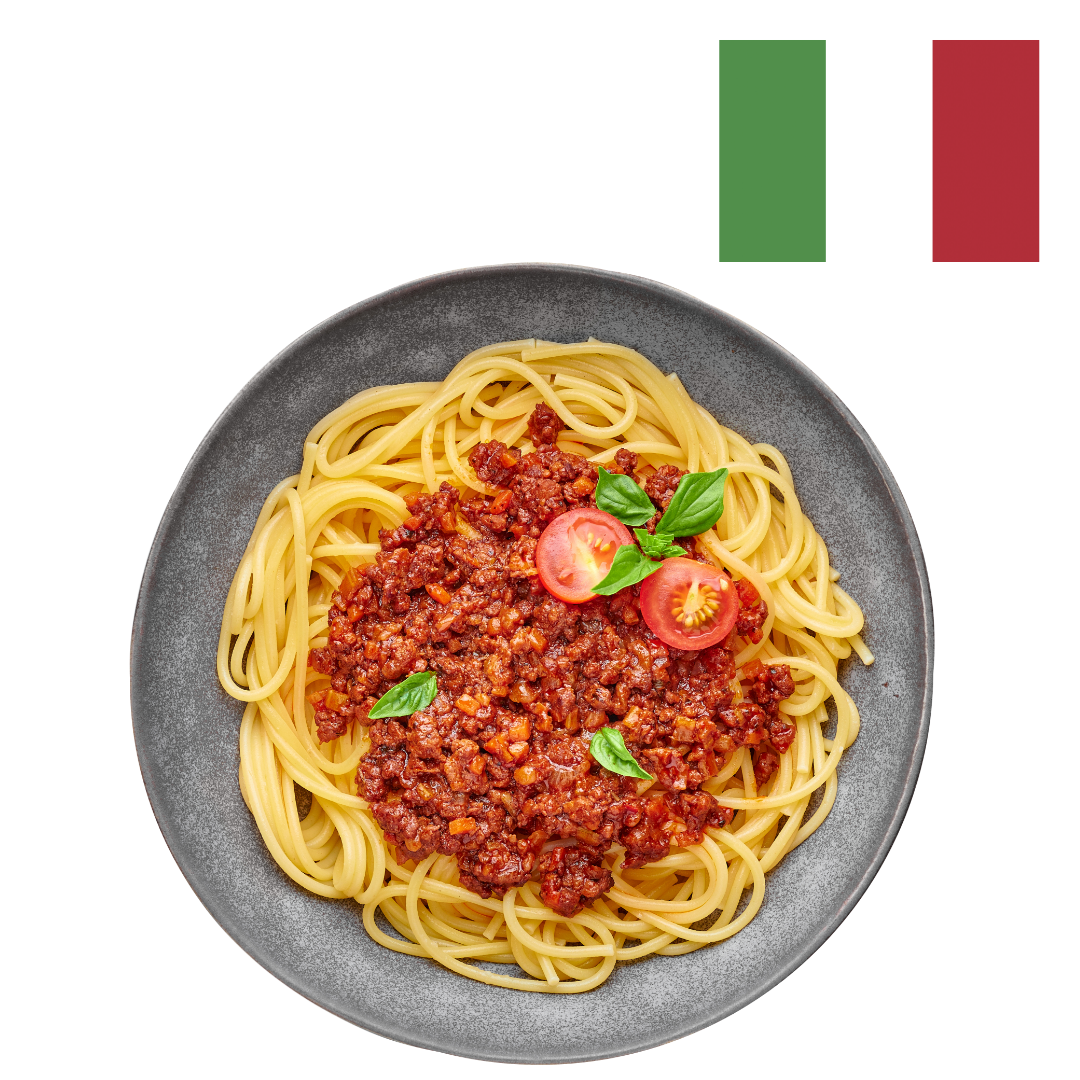 Spaghetti mit Tomatensauce und italienischer Flagge.