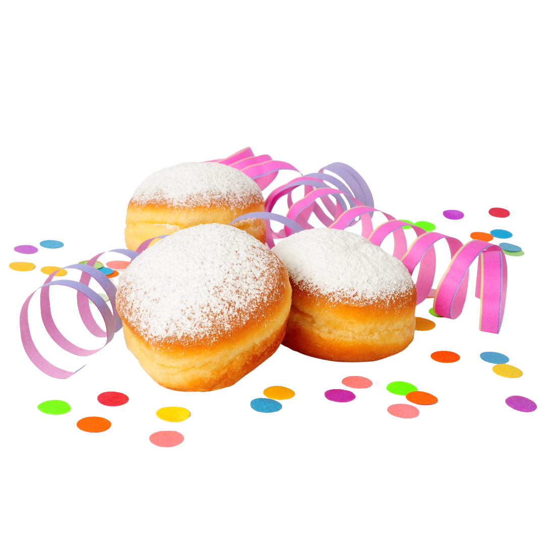 Drei Berliner mit Puderucker dekoriert mit Luftschlangen und Konfetti.