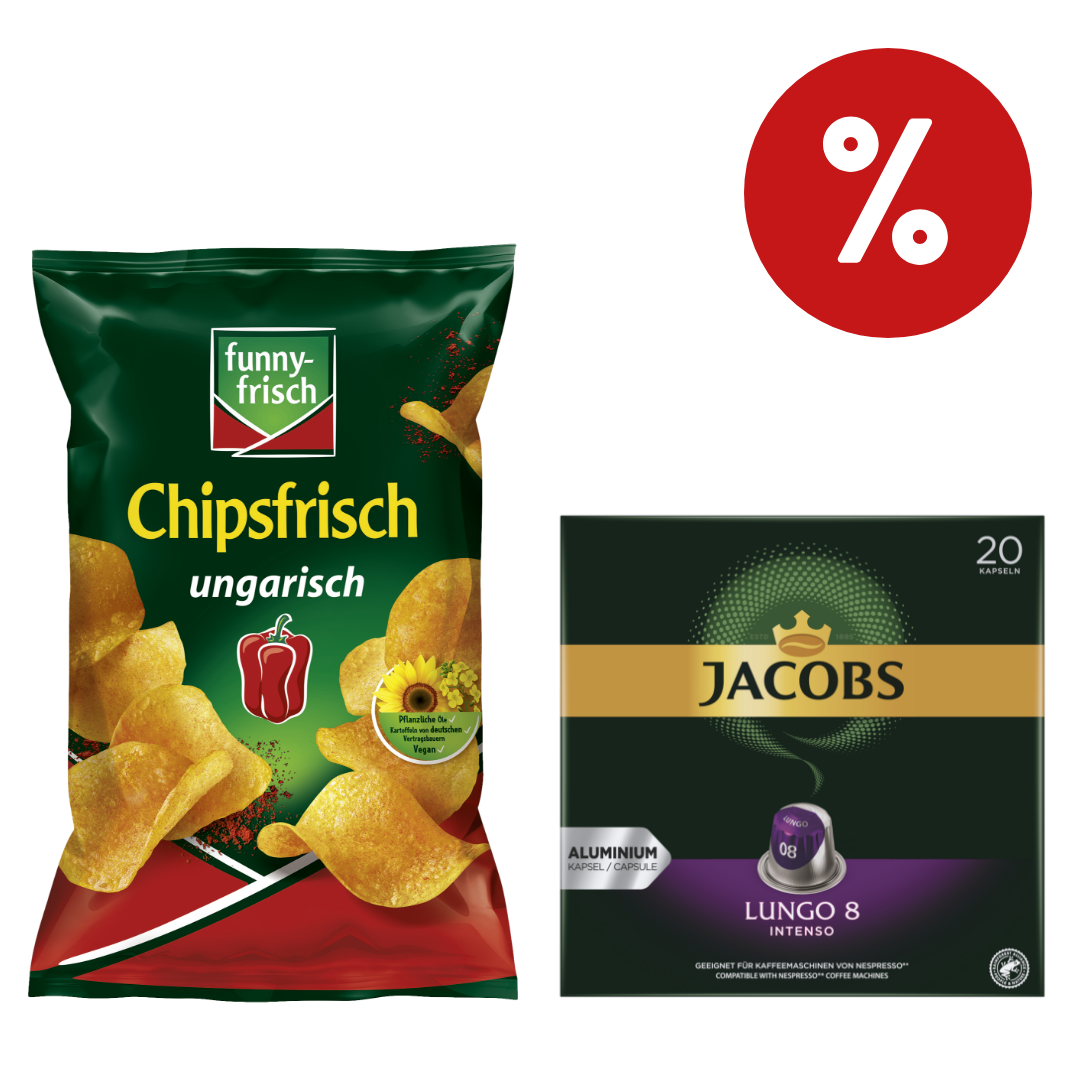 Collage von einer Funny-Frisch Chipstüte und einer Packung Jacobs Krönung Kaffee und einem Prozentzeichen.