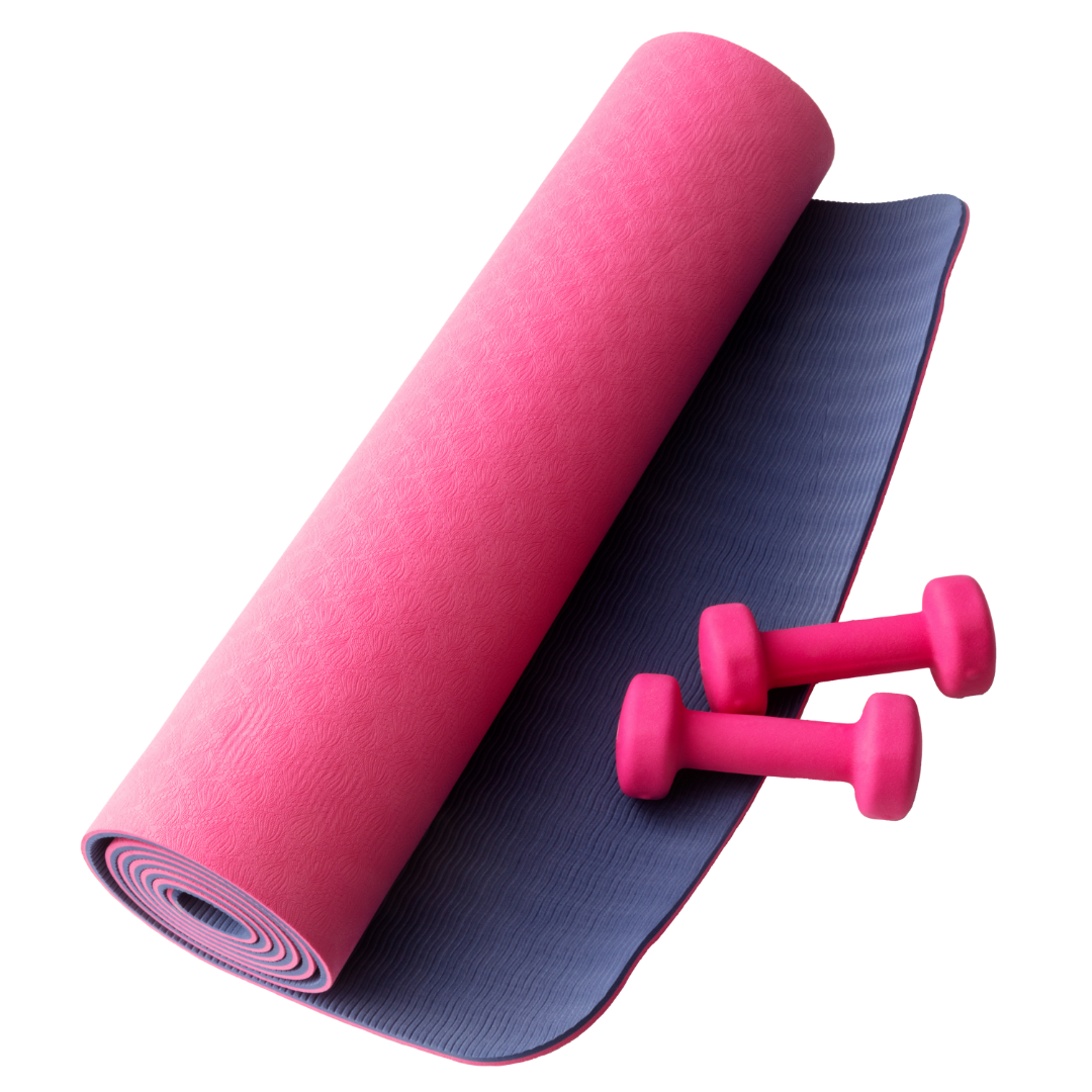 Collage einer pinken Yoga Matte und zwei pinken Kleinhanteln.