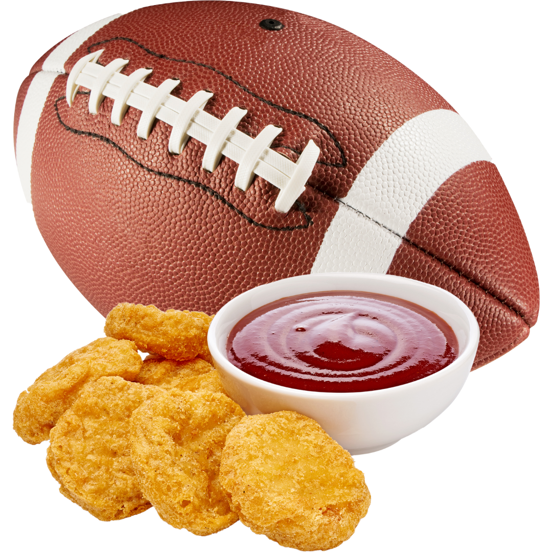 Collage von einem American Football und davor liegen Chicken Nuggets und eine Schüssel mit einer roten Sauce.
