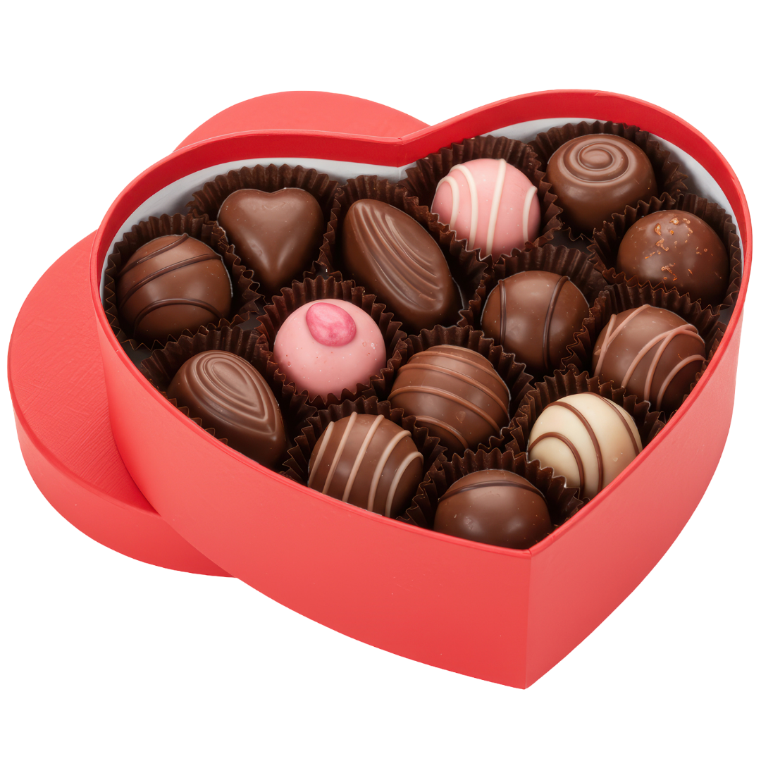 Schachtel in Herzform mit Pralinen.