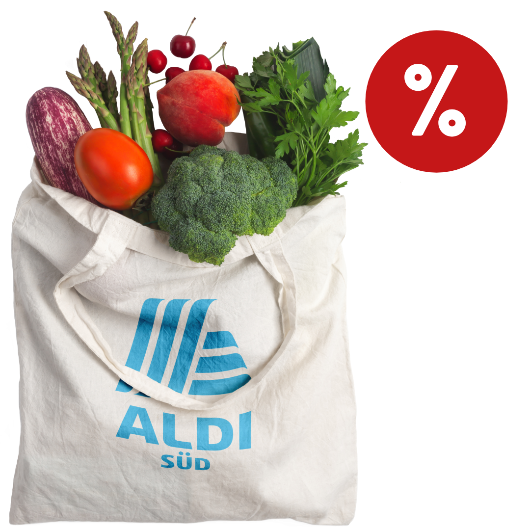ALDI SÜD Baumwoll Einkaufsbeutel mit frischen Obst und Gemüse.