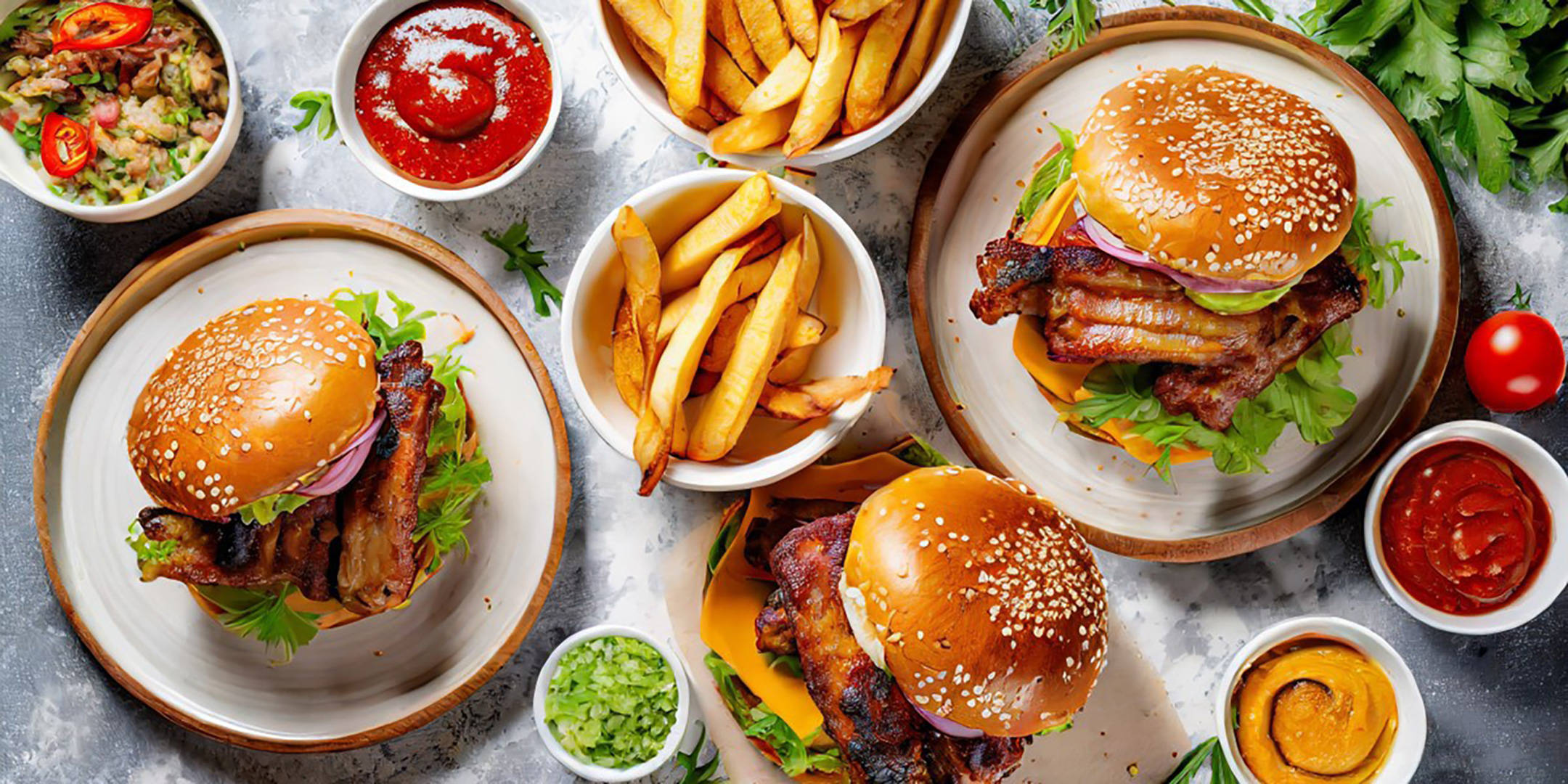 Drei Burger mit Rippchen, Pommes und verschiedenen Saucen.