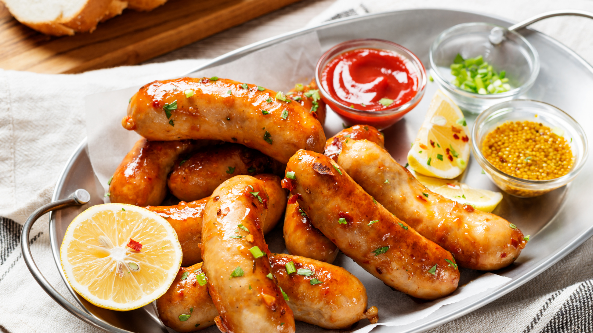 Gegrillte goldbraune Würstchen mit Senf, Ketchup und Zitrone.