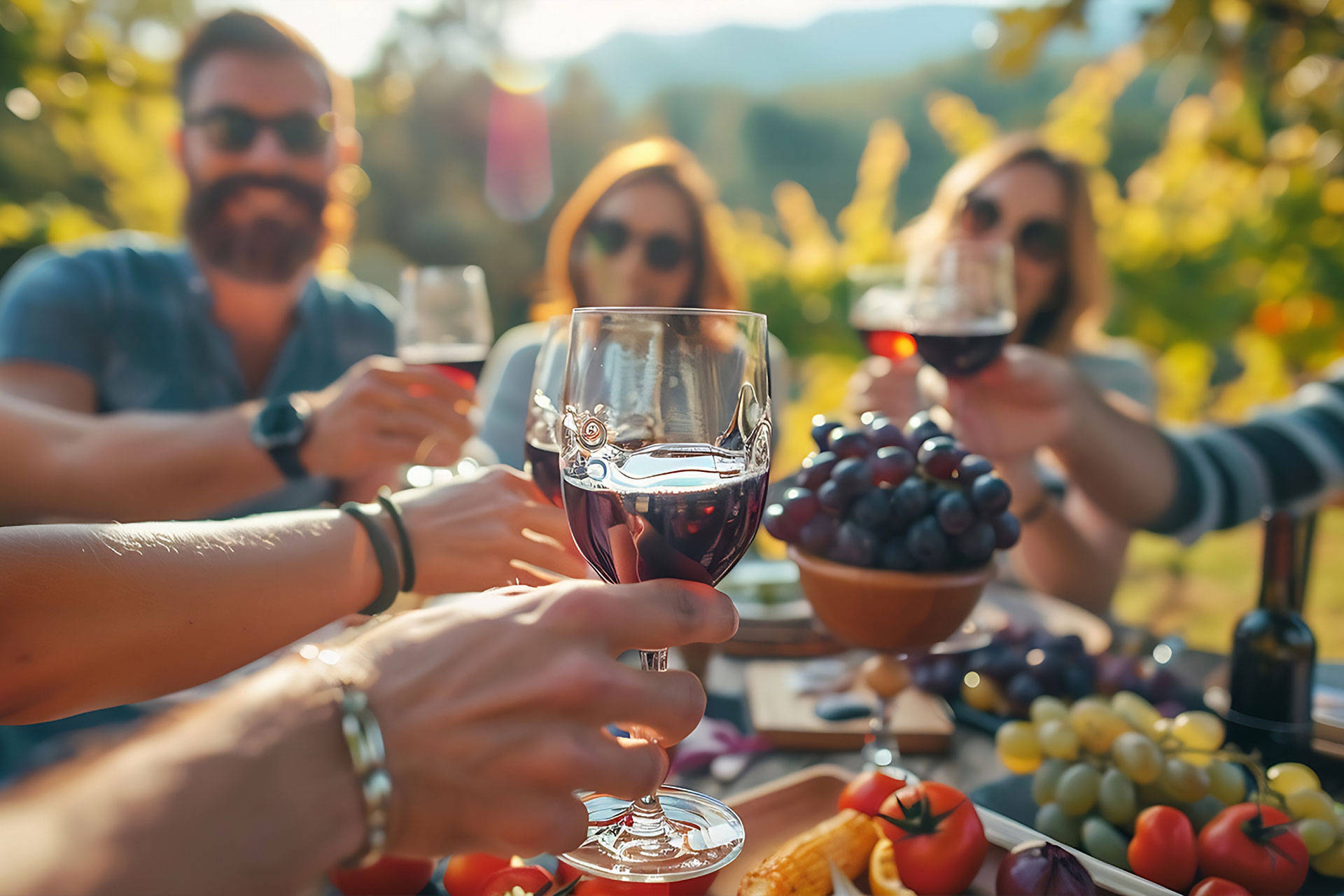 Menschen an gedecktem Tisch, die mit Corvina anstoßen.